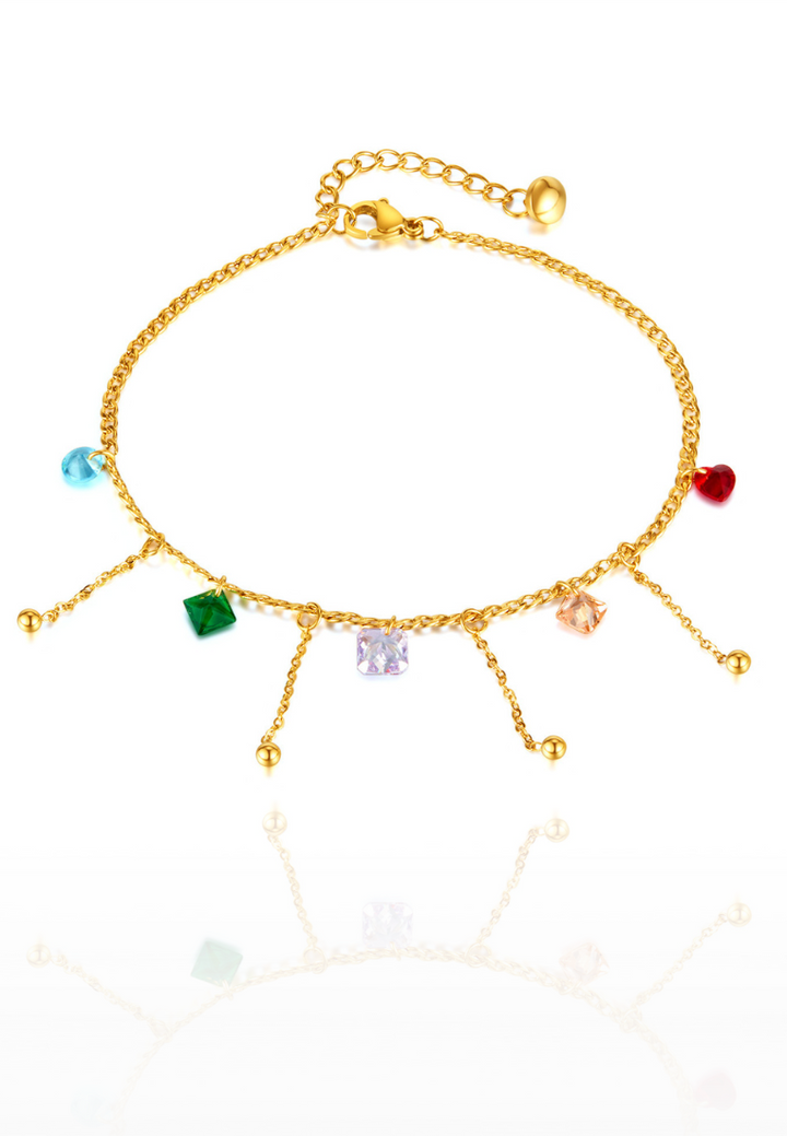 Dreamy Colorful Cubic Zirconia with Drop Chain Anklet in Gold