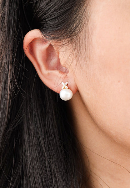 Celovis Renee White Pearl Stud with Cross Cubic Zirconia Earrings in Gold