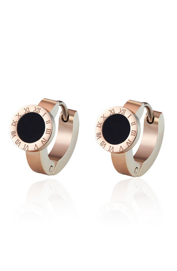Orla with Round Roman Numeral Rose Gold Huggie Hoop Earrings