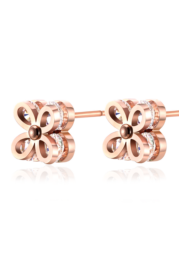 Cleo Dainty Four Leaf Clover with Cubic Zirconia Petal Flower Stud Earrings in Rose Gold