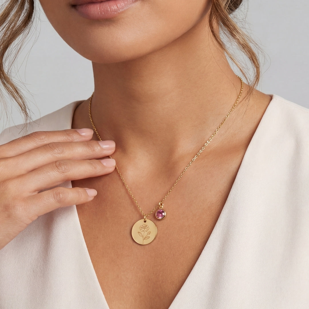 October Birth Flower with Birth Stone Engravable Pendant Chain Necklace