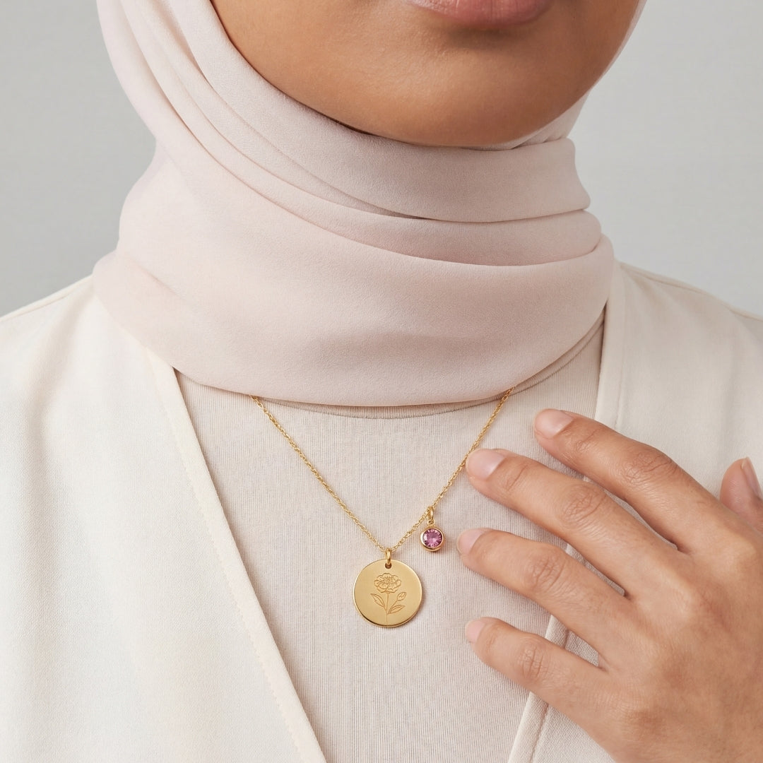 October Birth Flower with Birth Stone Engravable Pendant Chain Necklace