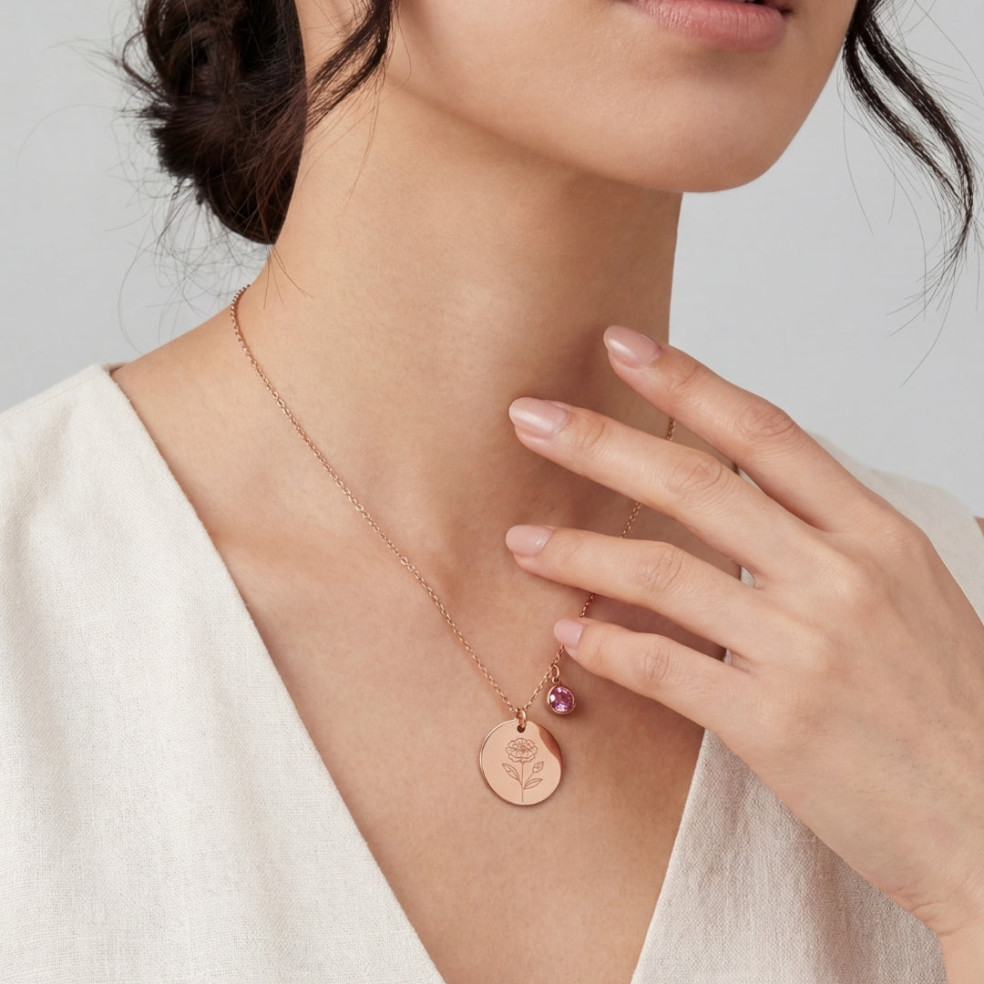 October Birth Flower with Birth Stone Engravable Pendant Chain Necklace