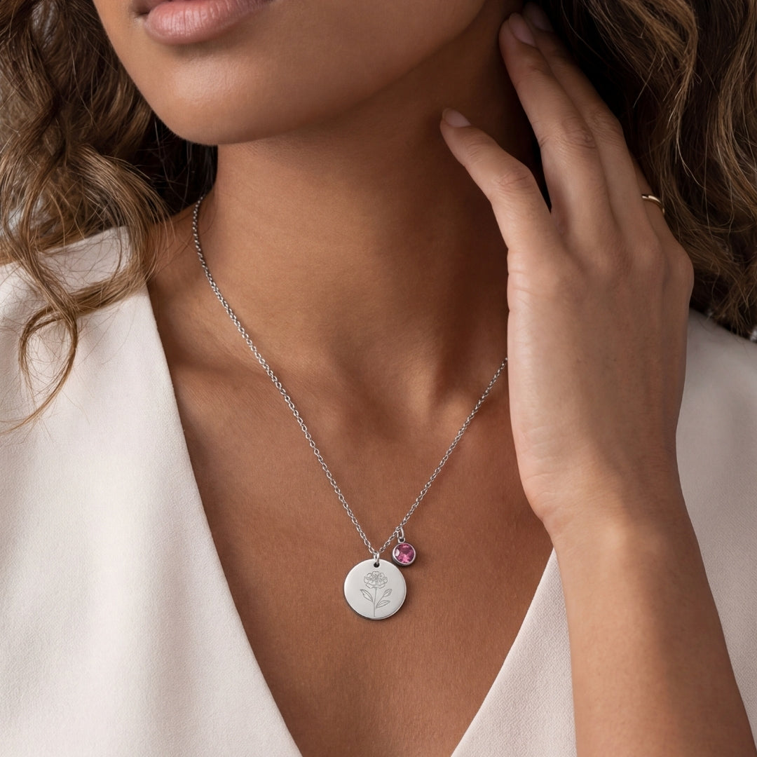 October Birth Flower with Birth Stone Engravable Pendant Chain Necklace