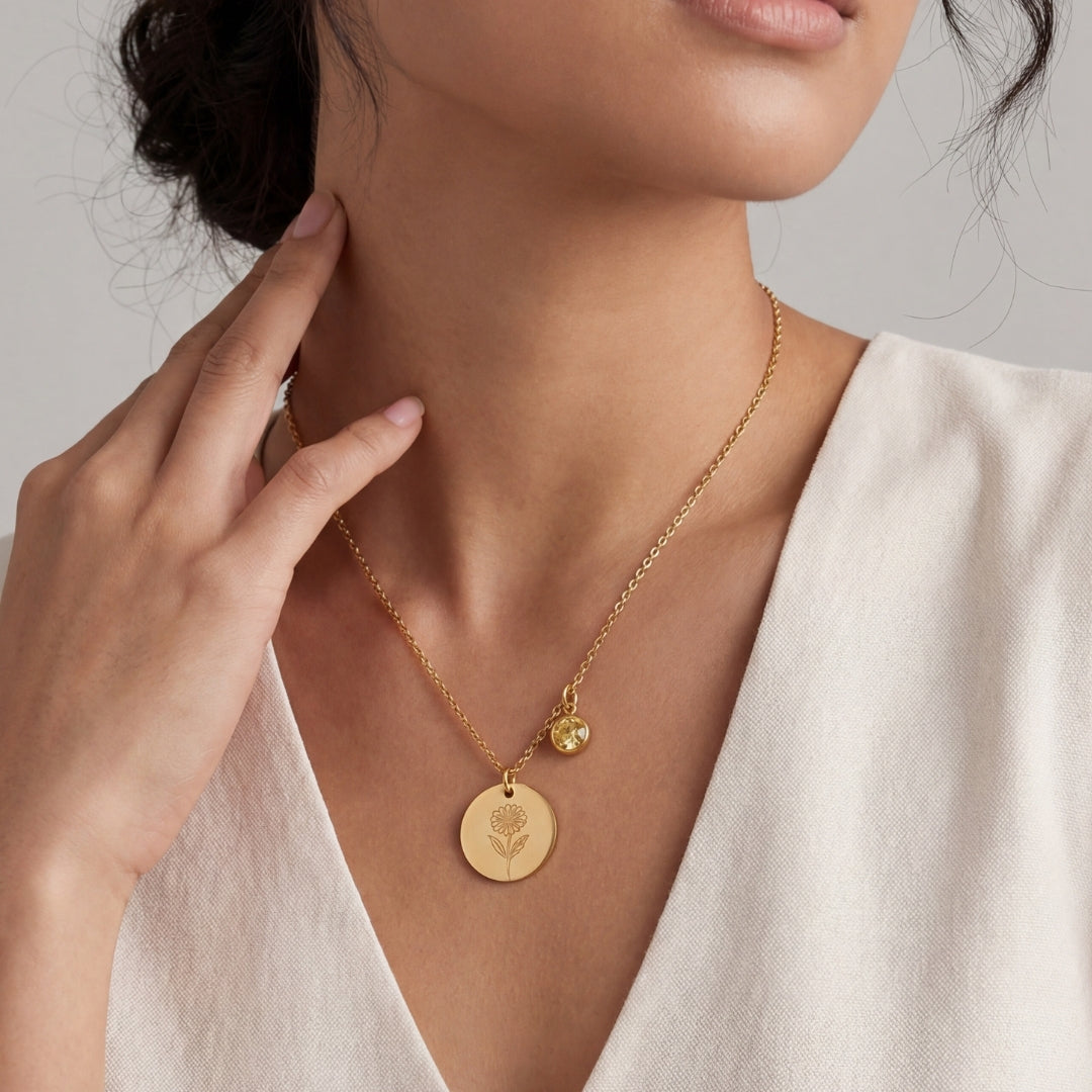 November Birth Flower with Birth Stone Engravable Pendant Chain Necklace