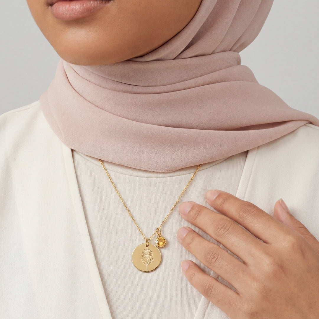 November Birth Flower with Birth Stone Engravable Pendant Chain Necklace
