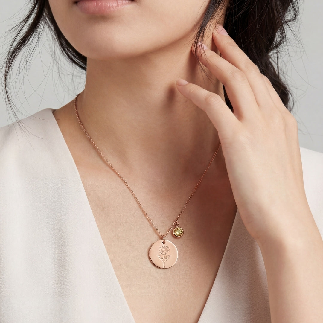 November Birth Flower with Birth Stone Engravable Pendant Chain Necklace