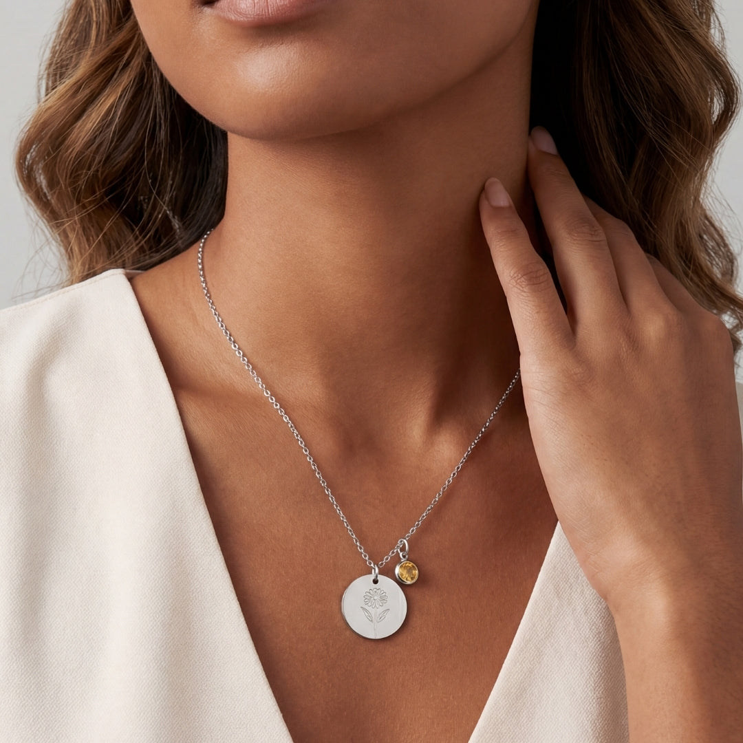 November Birth Flower with Birth Stone Engravable Pendant Chain Necklace
