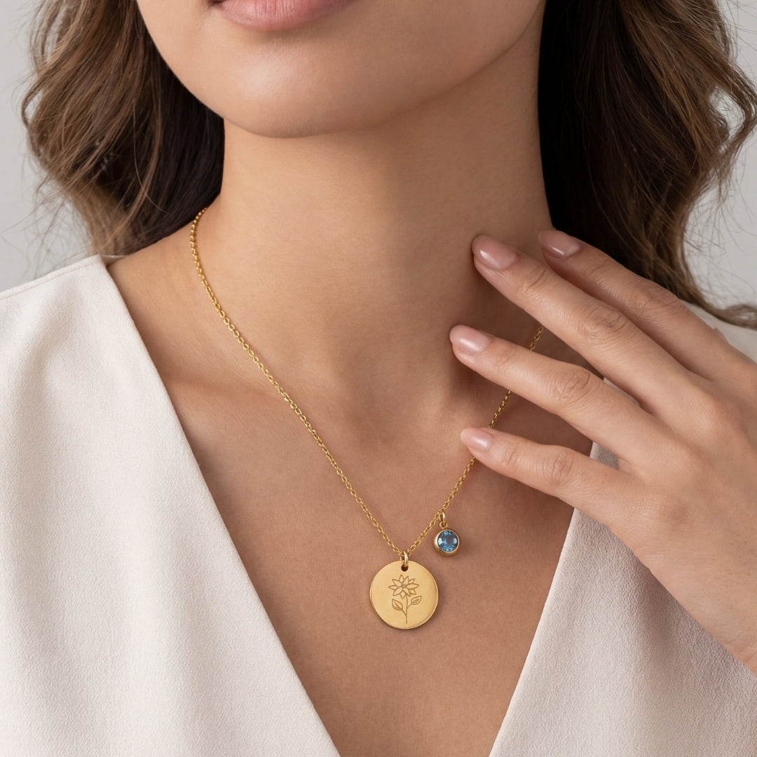 December Birth Flower with Birth Stone Engravable Pendant Chain Necklace
