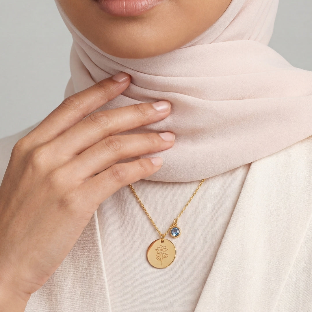 December Birth Flower with Birth Stone Engravable Pendant Chain Necklace
