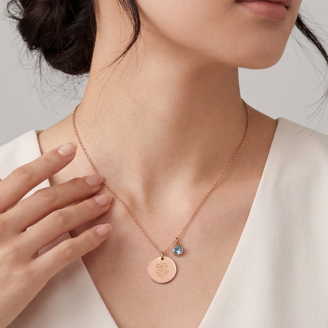 December Birth Flower with Birth Stone Engravable Pendant Chain Necklace
