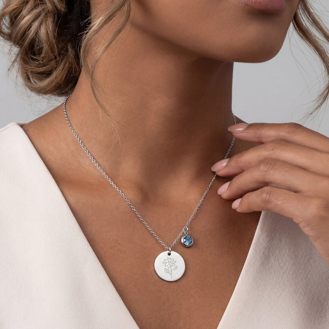 December Birth Flower with Birth Stone Engravable Pendant Chain Necklace