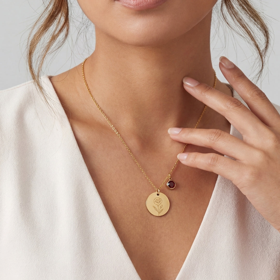 January Birth Flower with Birth Stone Engravable Pendant Chain Necklace