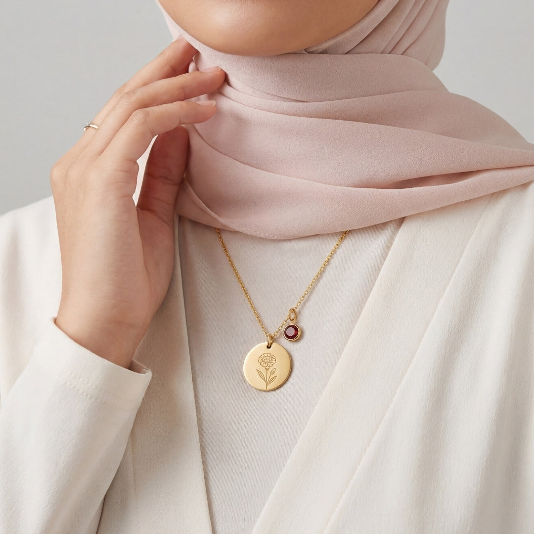 January Birth Flower with Birth Stone Engravable Pendant Chain Necklace