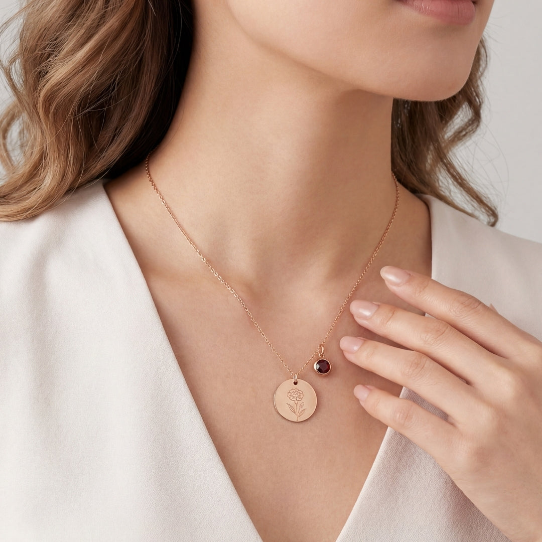January Birth Flower with Birth Stone Engravable Pendant Chain Necklace