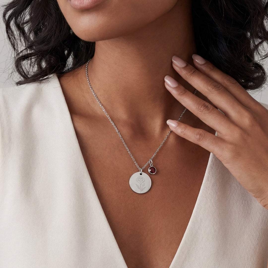 January Birth Flower with Birth Stone Engravable Pendant Chain Necklace