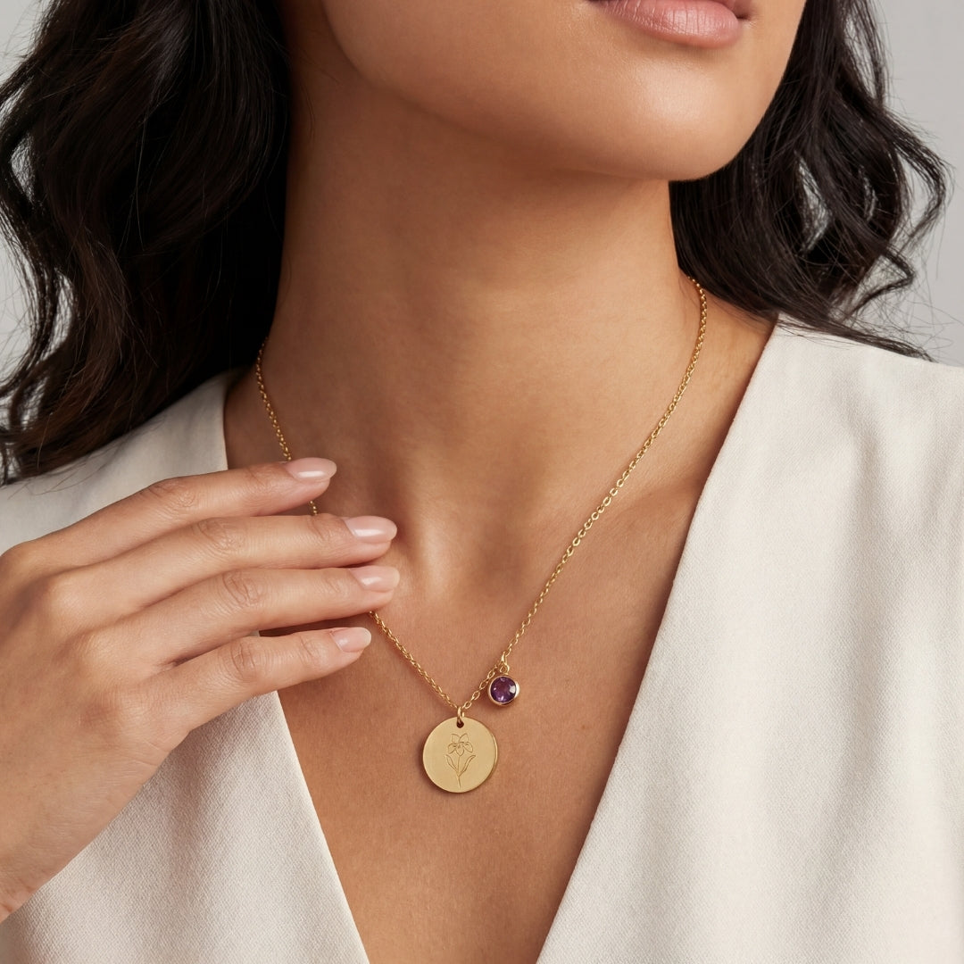 February Birth Flower with Birth Stone Engravable Pendant Chain Necklace