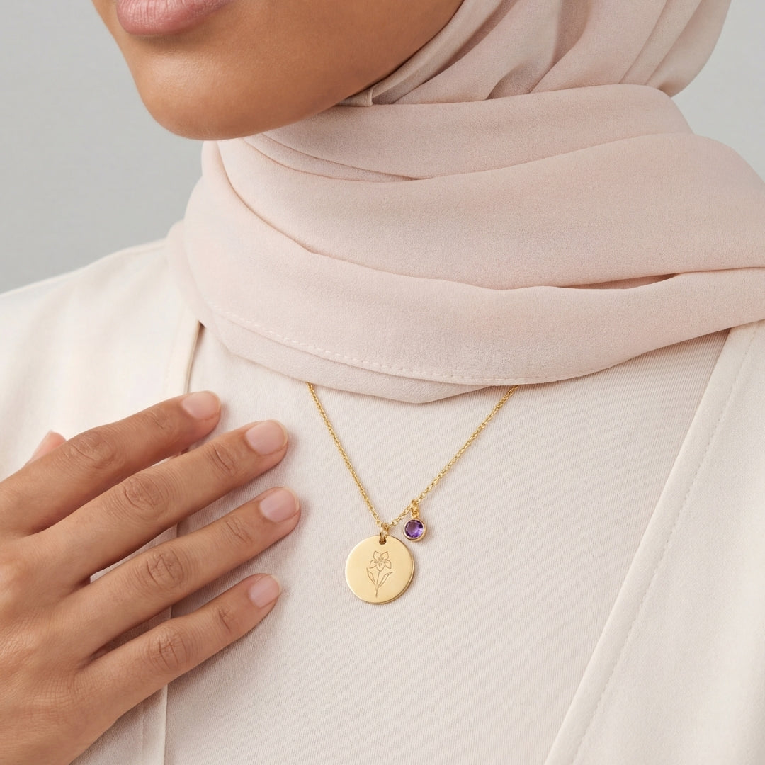 February Birth Flower with Birth Stone Engravable Pendant Chain Necklace