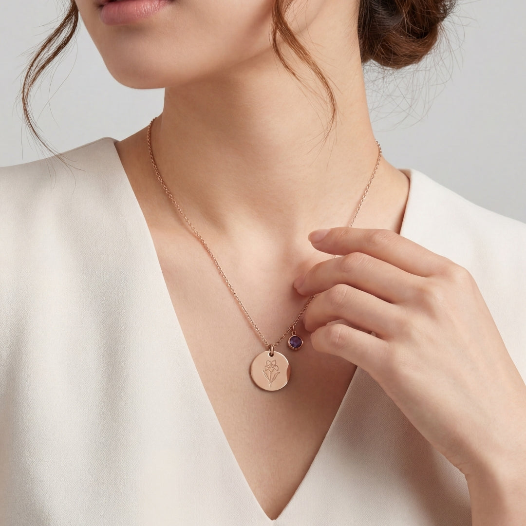 February Birth Flower with Birth Stone Engravable Pendant Chain Necklace