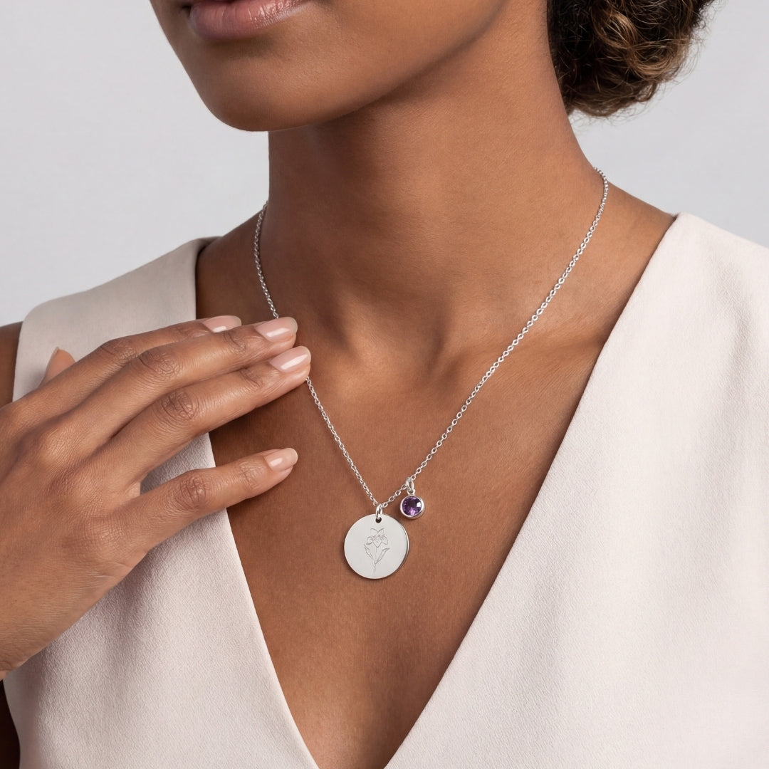 February Birth Flower with Birth Stone Engravable Pendant Chain Necklace