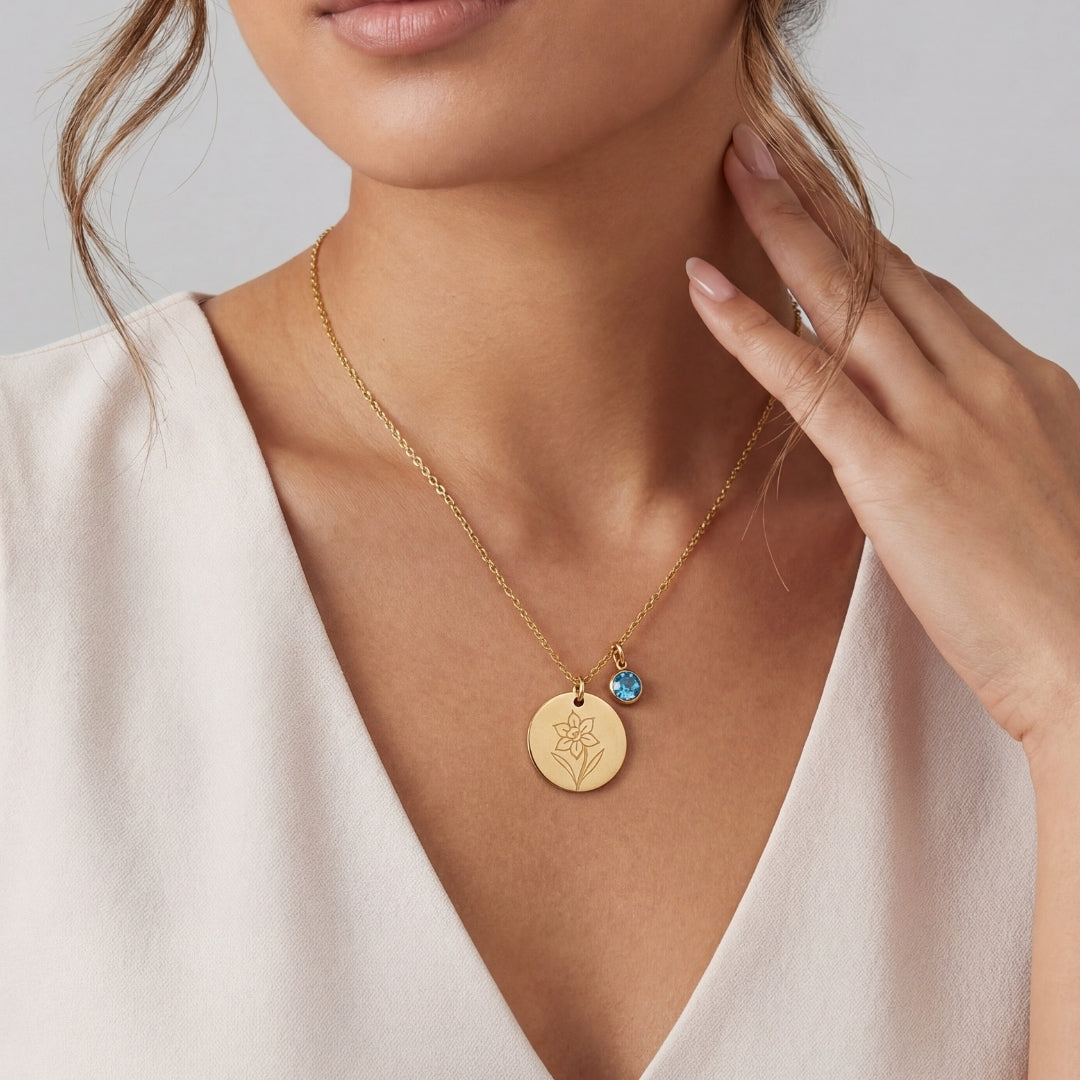 March Birth Flower with Birth Stone Engravable Pendant Chain Necklace