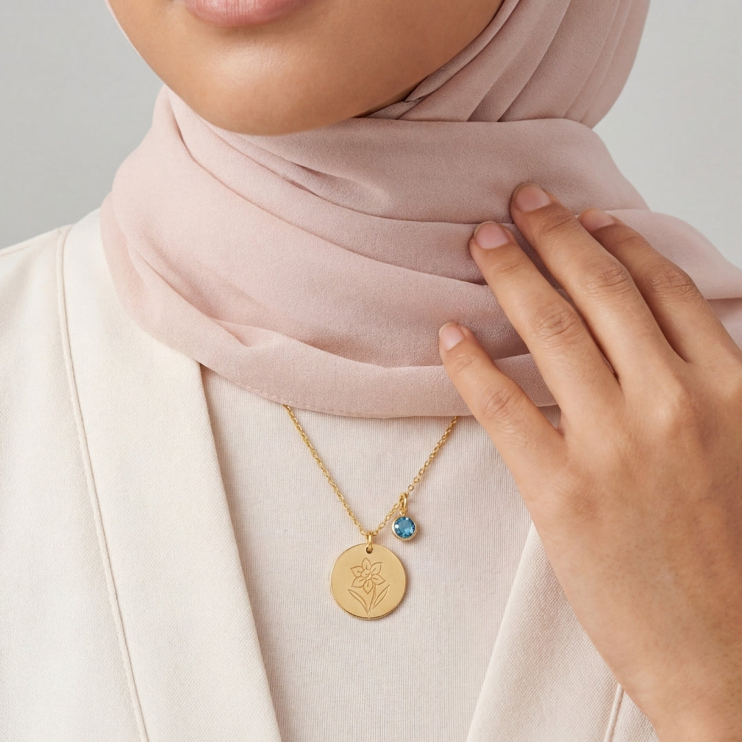 March Birth Flower with Birth Stone Engravable Pendant Chain Necklace