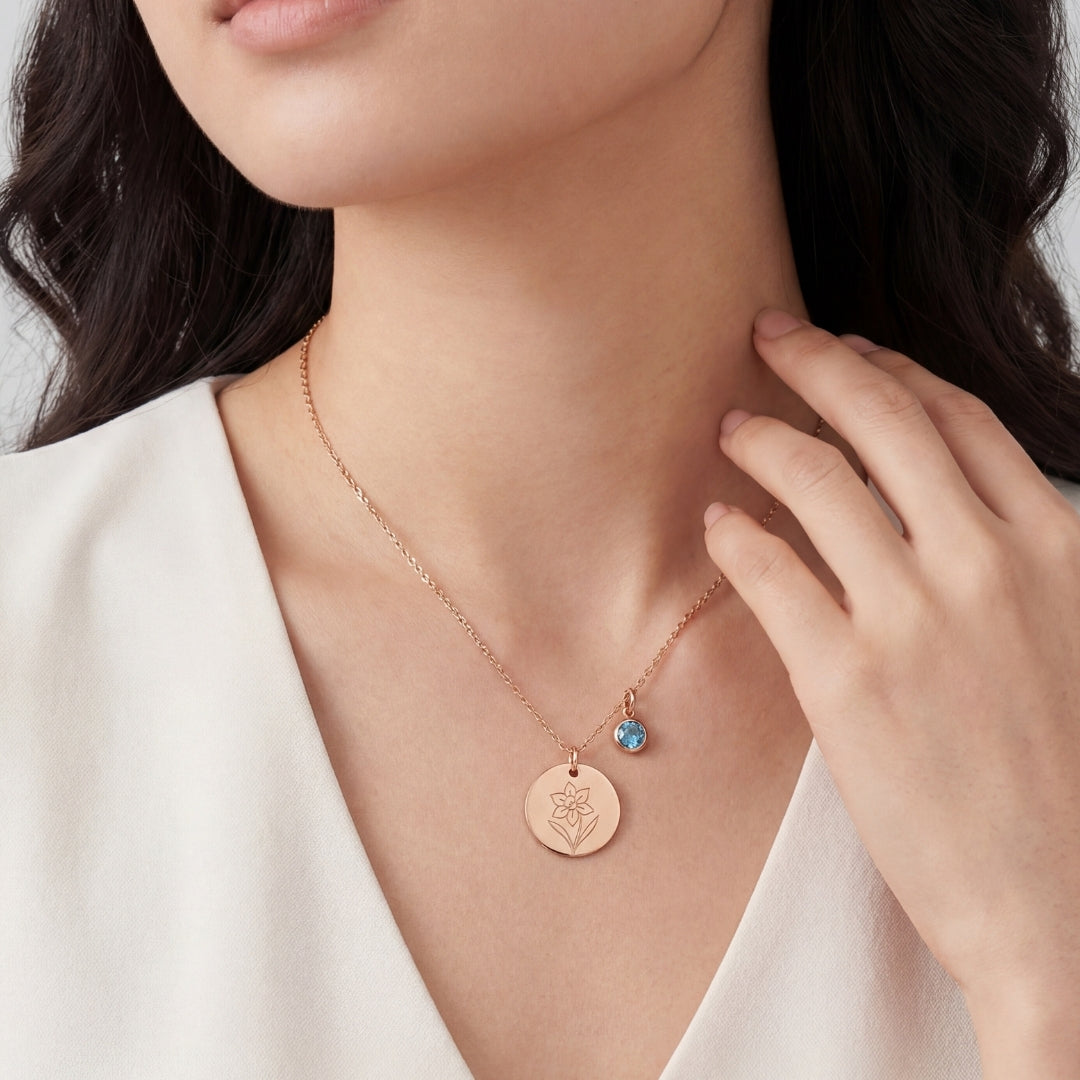 March Birth Flower with Birth Stone Engravable Pendant Chain Necklace