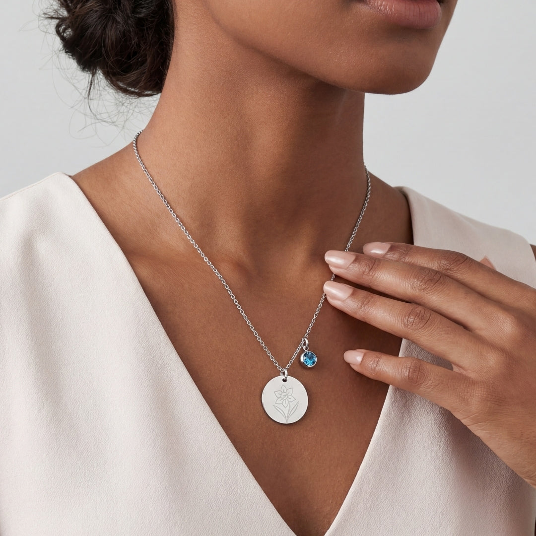 March Birth Flower with Birth Stone Engravable Pendant Chain Necklace
