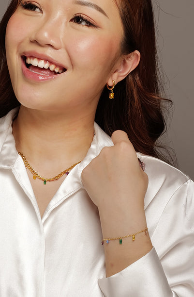 Lila Joyful Colors Cubic Zirconia Pendant with Beaded Chain Bracelet in Gold