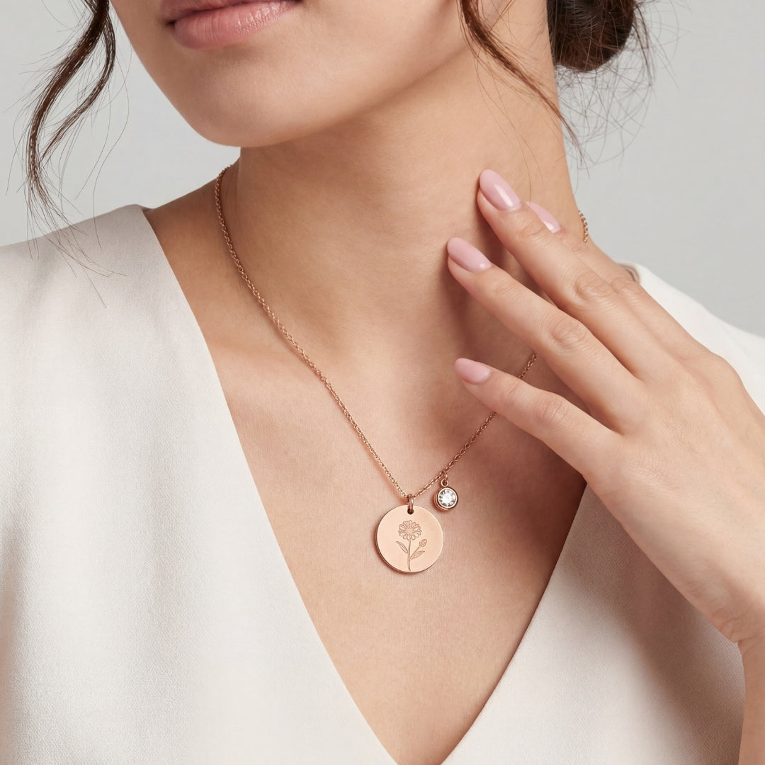 April Birth Flower with Birth Stone Engravable Pendant Chain Necklace