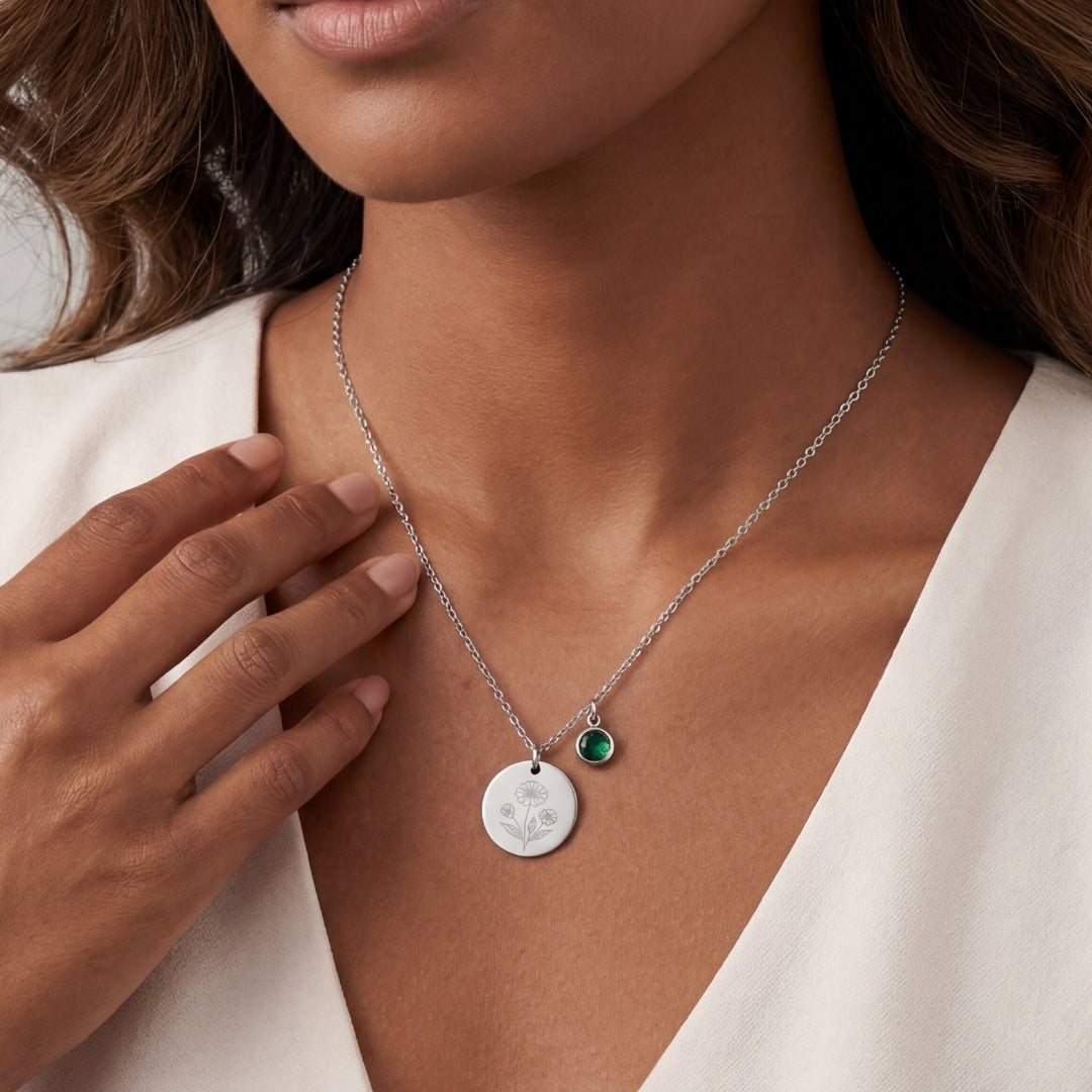 May Birth Flower with Birth Stone Engravable Pendant Chain Necklace