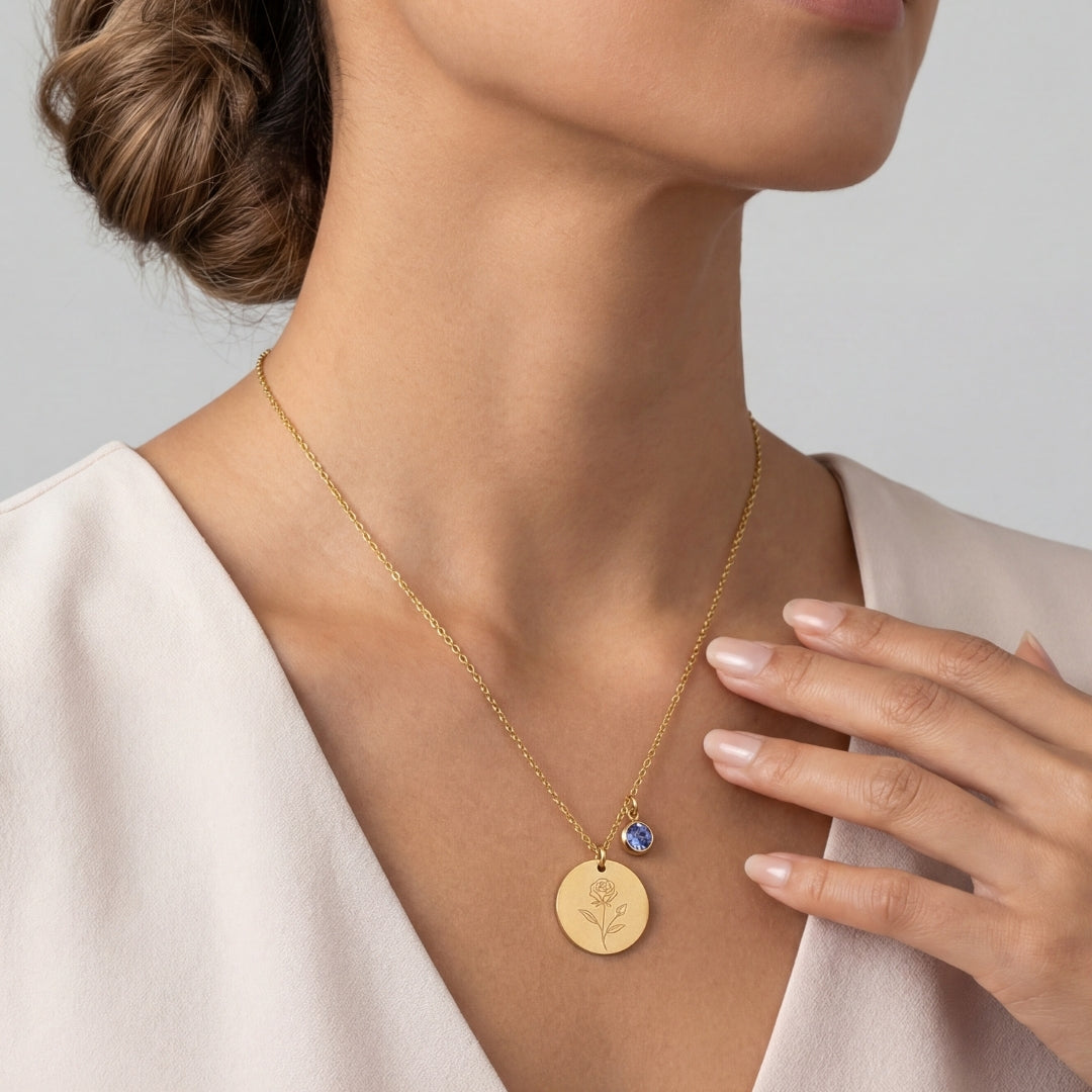 June Birth Flower with Birth Stone Engravable Pendant Chain Necklace