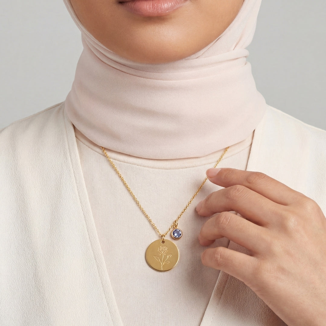 June Birth Flower with Birth Stone Engravable Pendant Chain Necklace