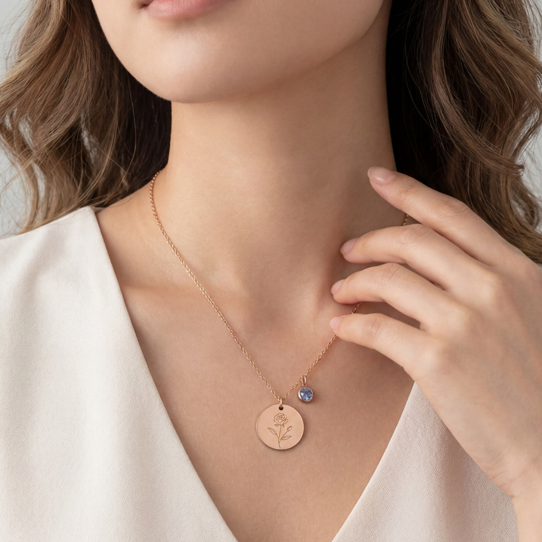 June Birth Flower with Birth Stone Engravable Pendant Chain Necklace