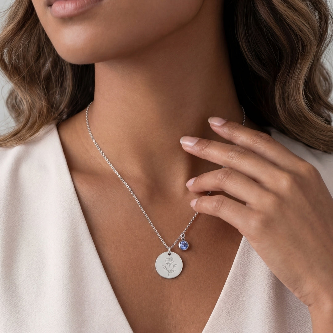 June Birth Flower with Birth Stone Engravable Pendant Chain Necklace