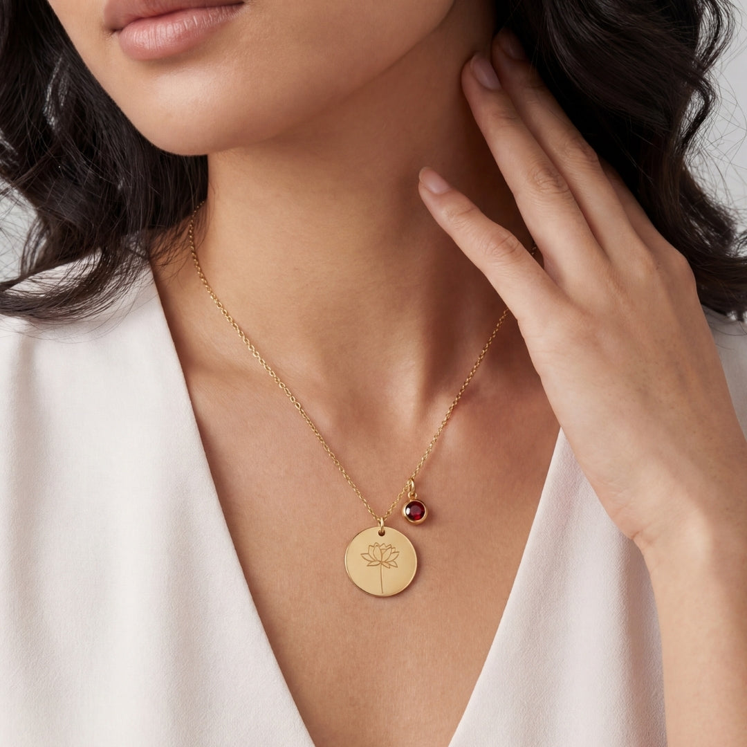 July Birth Flower with Birth Stone Engravable Pendant Chain Necklace