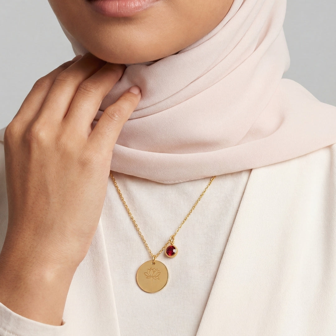 July Birth Flower with Birth Stone Engravable Pendant Chain Necklace