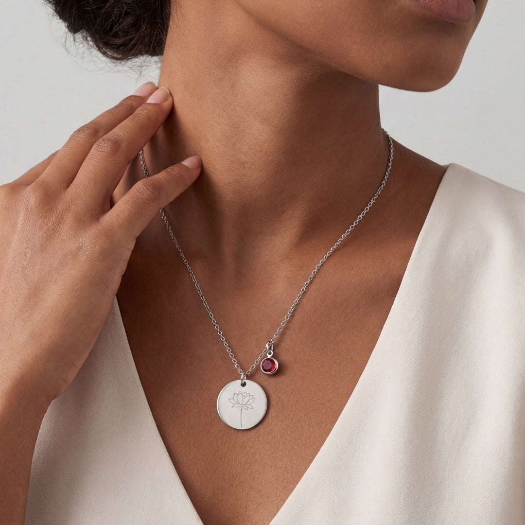 July Birth Flower with Birth Stone Engravable Pendant Chain Necklace