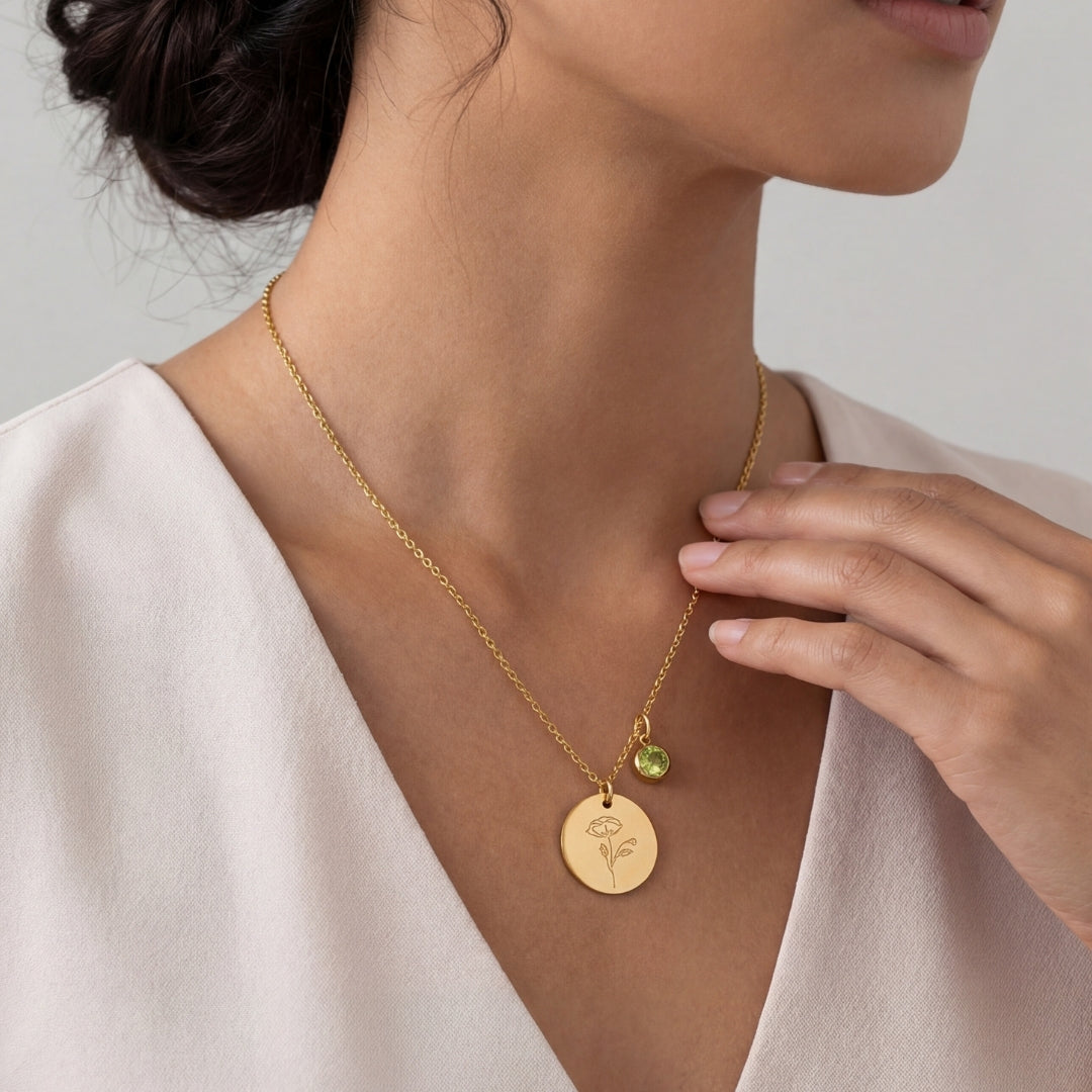 August Birth Flower with Birth Stone Engravable Pendant Chain Necklace