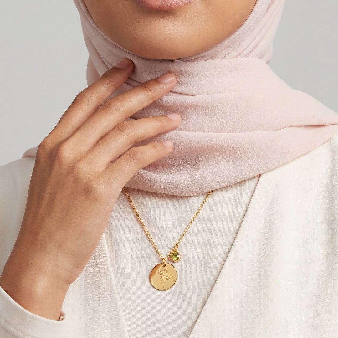 August Birth Flower with Birth Stone Engravable Pendant Chain Necklace