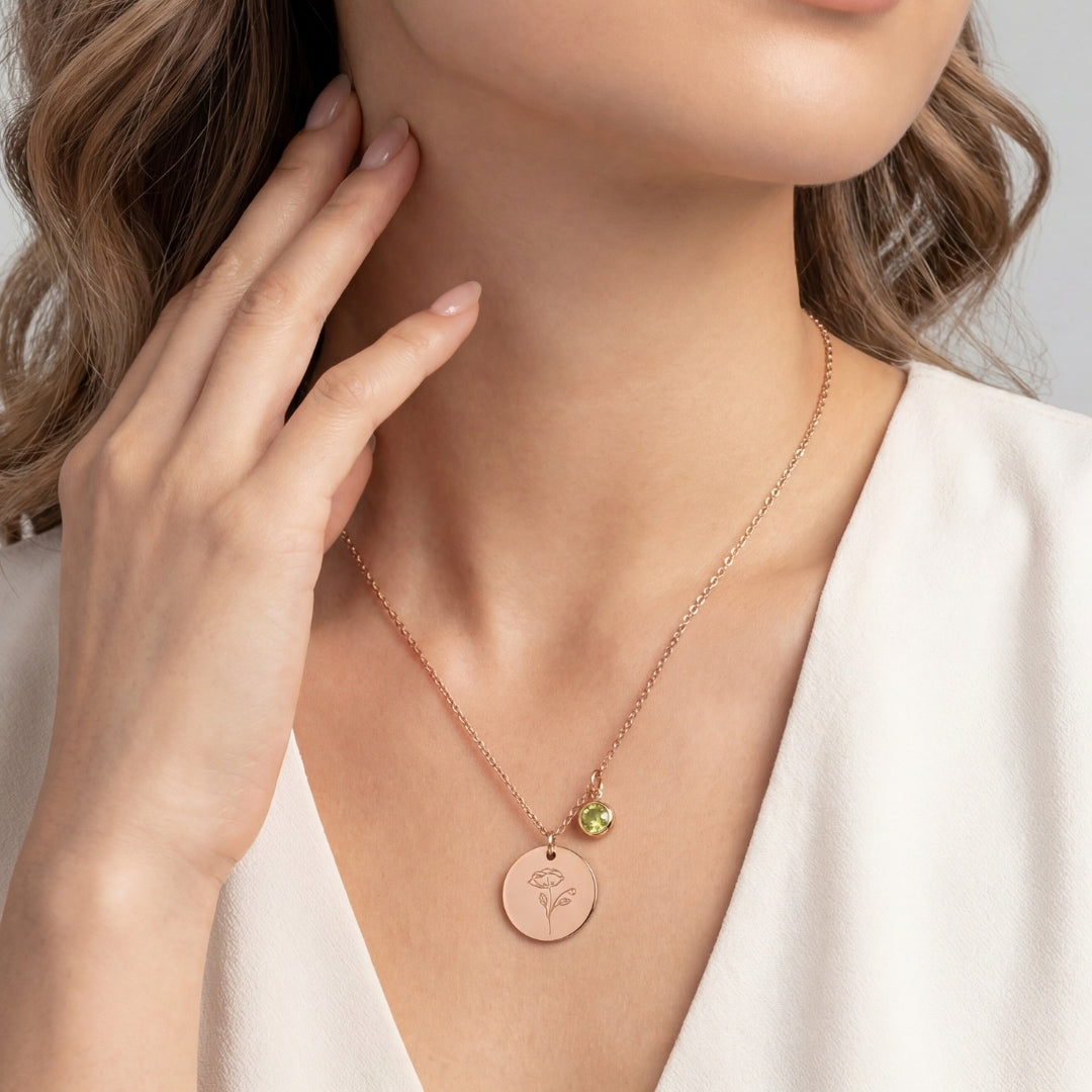 August Birth Flower with Birth Stone Engravable Pendant Chain Necklace