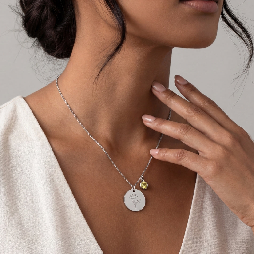 August Birth Flower with Birth Stone Engravable Pendant Chain Necklace