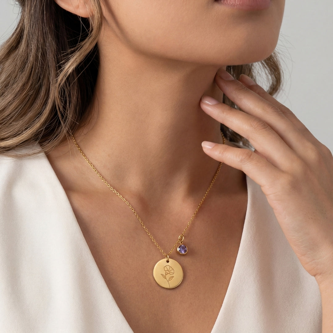 September Birth Flower with Birth Stone Engravable Pendant Chain Necklace