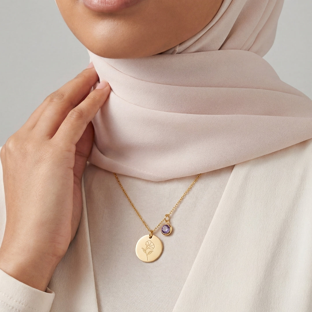 September Birth Flower with Birth Stone Engravable Pendant Chain Necklace