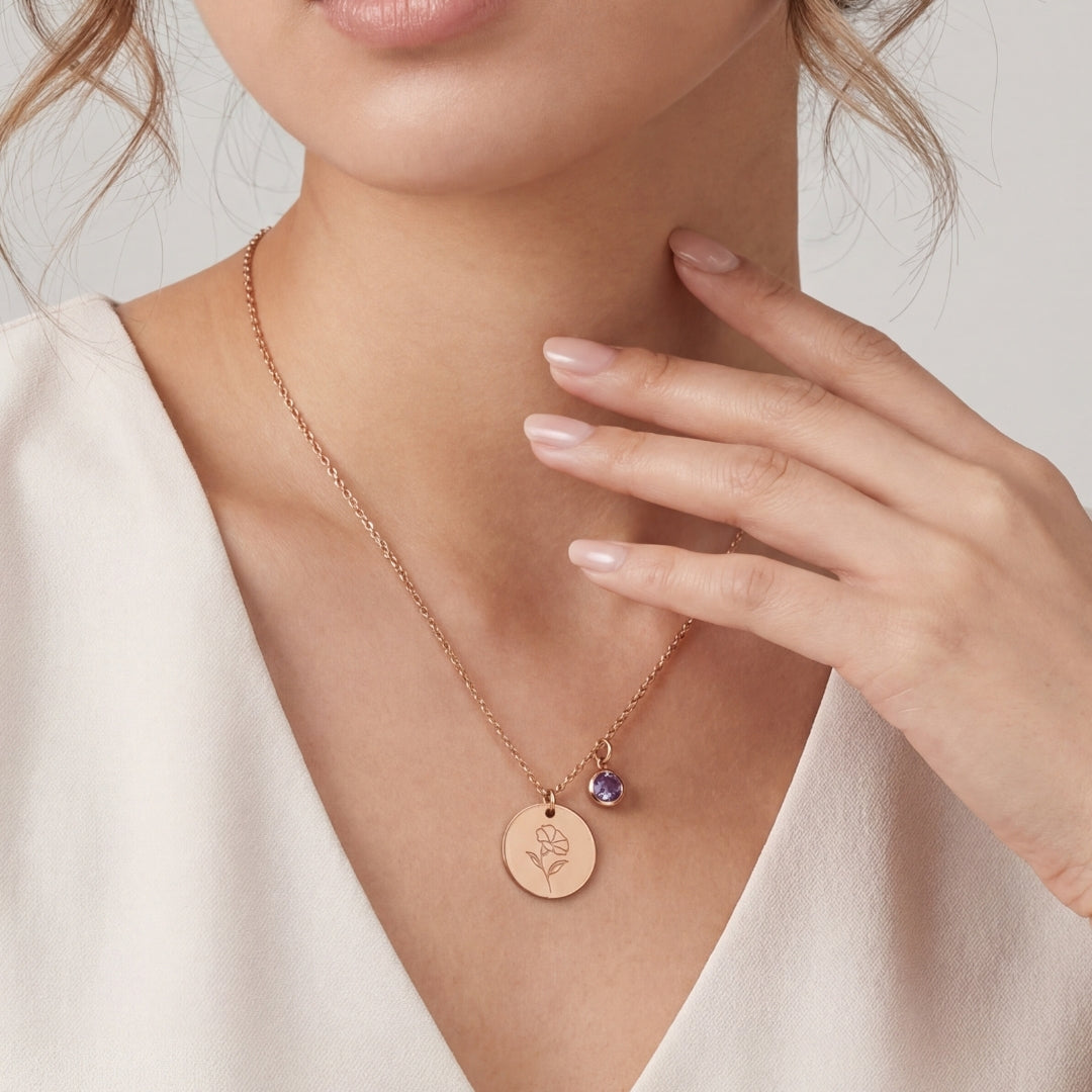 September Birth Flower with Birth Stone Engravable Pendant Chain Necklace