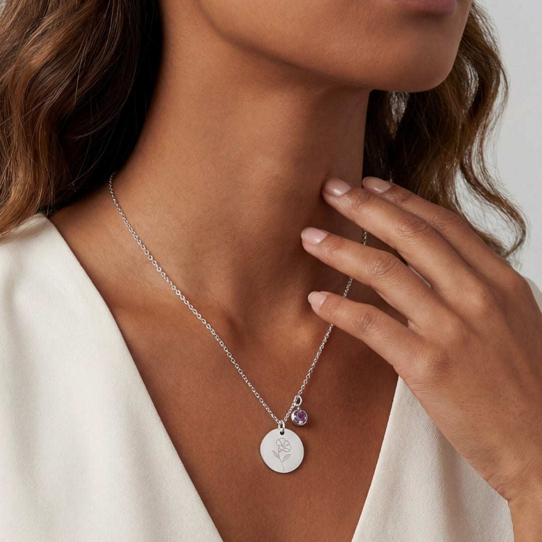 September Birth Flower with Birth Stone Engravable Pendant Chain Necklace