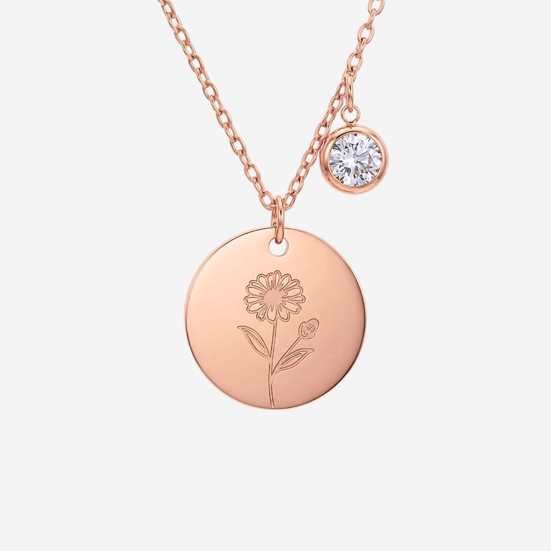 April Birth Flower with Birth Stone Engravable Pendant Chain Necklace
