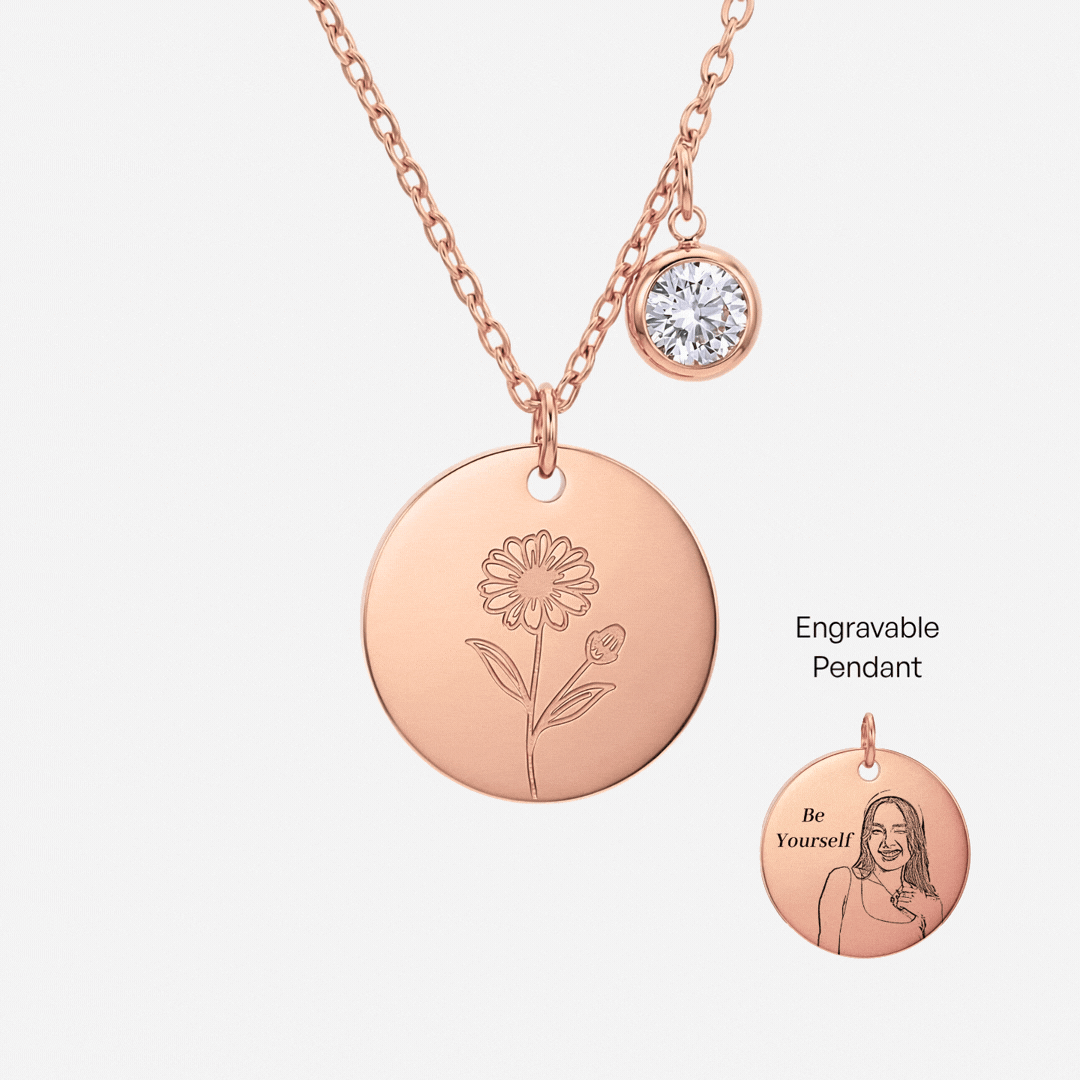 April Birth Flower with Birth Stone Engravable Pendant Chain Necklace