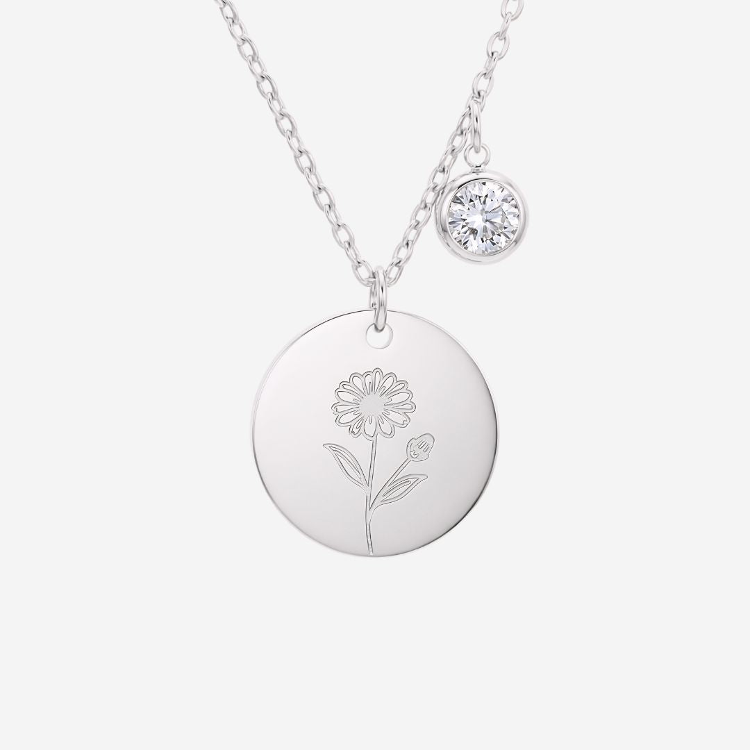 April Birth Flower with Birth Stone Engravable Pendant Chain Necklace