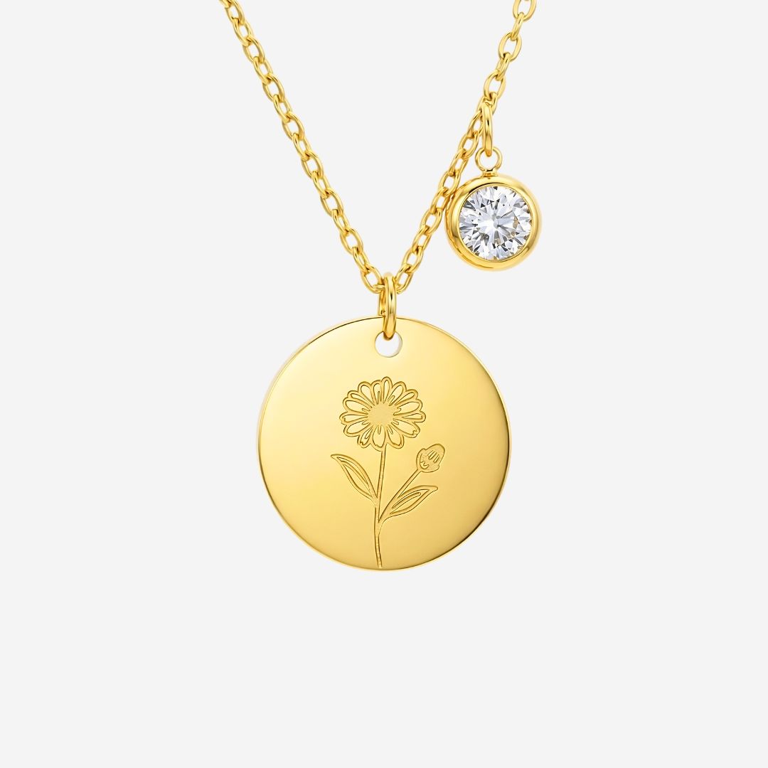 April Birth Flower with Birth Stone Engravable Pendant Chain Necklace